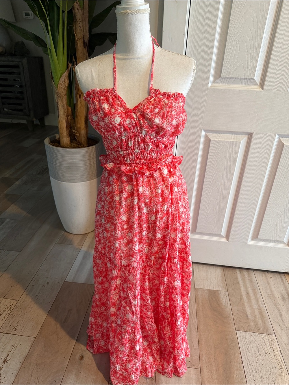 Lush Coral Red Floral Halter Maxi Dress